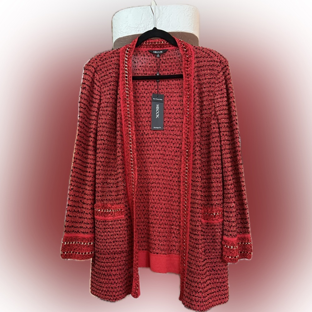 Misook Heritage fit, NWTs Red, black & gold chain Women's Sweater sz Med